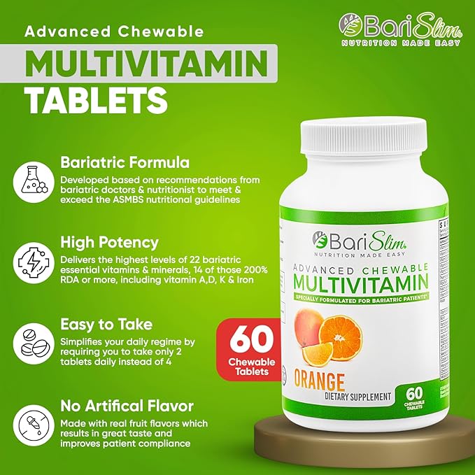 BariSlim Advanced Chewable Bariatric Multivitamin Tablets - Bariatric Vitamin and Supplement for Post Bariatric Surgery Including Gastric Bypass and Gastric Sleeve | Orange (60 Count)