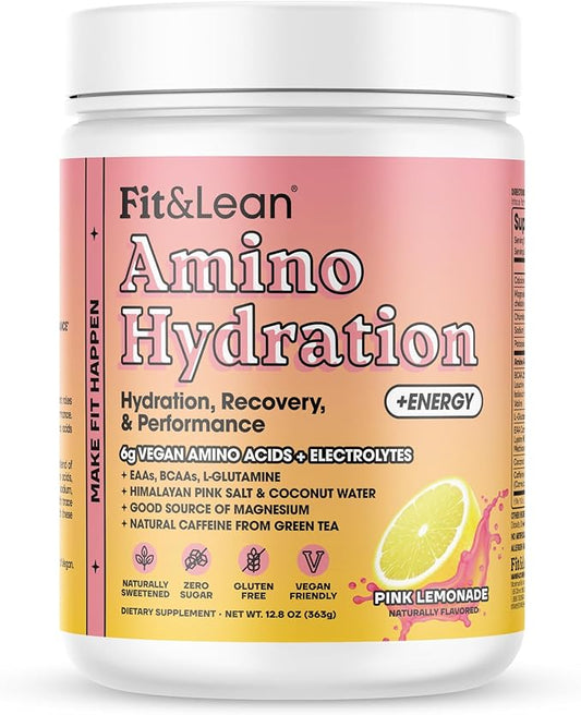 Fit & Lean Amino Hydration Plus Energy, Pre Workout Powder, 6g Vegan Essemtial Amino Acids, EAA, BCAA, Glutamine, Electrolytes & Natural Caffeine, Blue Raspberry, 30 Serve (30 Serve, Pink Lemonade)