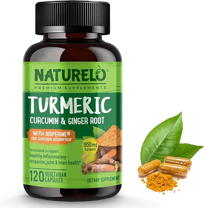 NATURELO Turmeric Curcumin - BioPerine for Better Absorption - Black Pepper, Ginger Root, Curcuminoids - Plant-Based Joint Discomfort Support - 120 Vegan Capsules