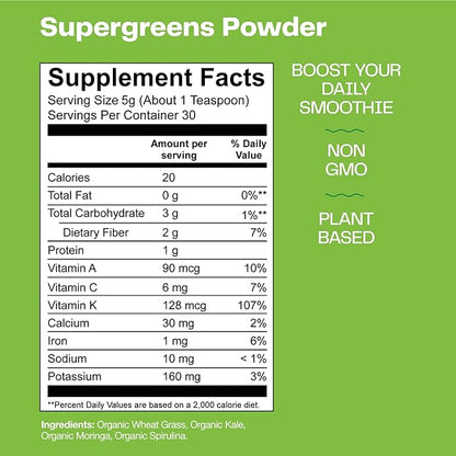 Amazing Grass Super Greens Booster: Greens Powder Smoothie Mix with Spirulina, Moringa, Wheat Grass & Kale Smoothie Booster, Chlorophyll Providing Greens, 30 Servings