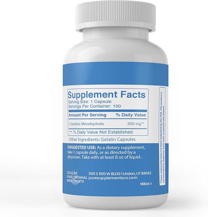 PURE ORIGINAL INGREDIENTS Creatine, (100 Capsules) Always Pure, No Additives Or Fillers, Lab Verified