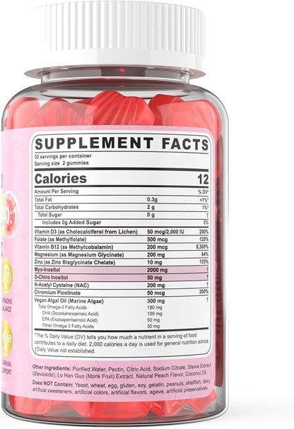 Myo-Inositol & D-Chiro Inositol Gummies for Women 2000mg + 50mg, 40:1 Ratio Inositol with Vegan Omega-3 + Vitamin D3, Magnesium Glycinate, Methyl Folate + B12 for Female Health & Wellness, Sugar Free