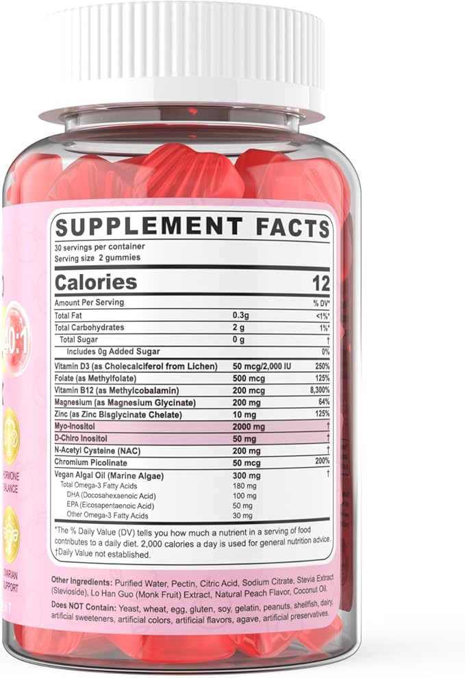 Myo-Inositol & D-Chiro Inositol Gummies Sugar Free, Ideal 40:1 Ratio Inositol Supplement for Women with Vegan Omega-3 & Vitamin D3, Magnesium, Methyl Folate + B12 for Female Health & Wellness, 60Cts
