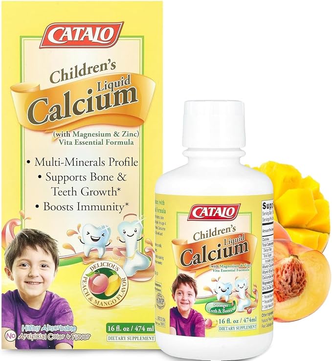 CATALO Children’s Liquid Calcium Magnesium Zinc, Peach and Mango Flavor, Multi-Minerals for Bone & Teeth for Kids Calcium, Kids Zinc, No Artificial Colors & Flavors