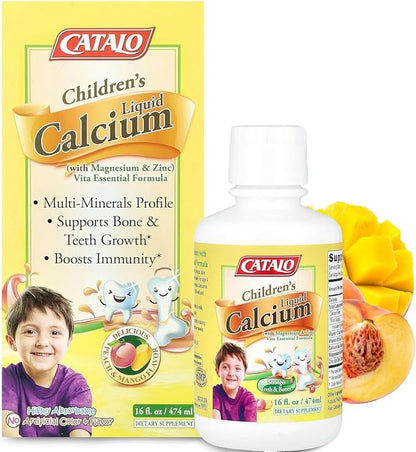 CATALO Children’s Liquid Calcium Magnesium Zinc, Peach and Mango Flavor, Multi-Minerals for Bone & Teeth for Kids Calcium, Kids Zinc, No Artificial Colors & Flavors