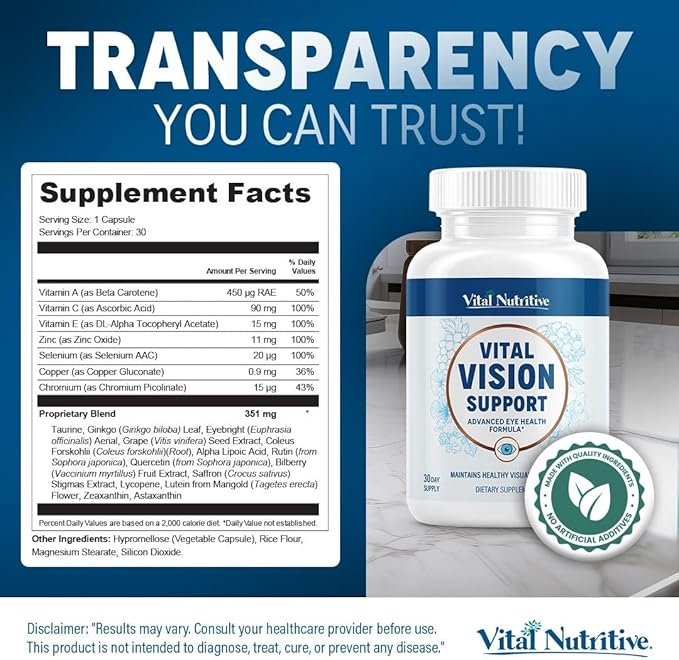 Vital Vision Support – Eye Health Supplement with Vitamin A, Lutein, Beta Carotene & Antioxidants – Eye Vitamins Support Hydration & Protection Against UV & Oxidative Stress -30 Days Serving