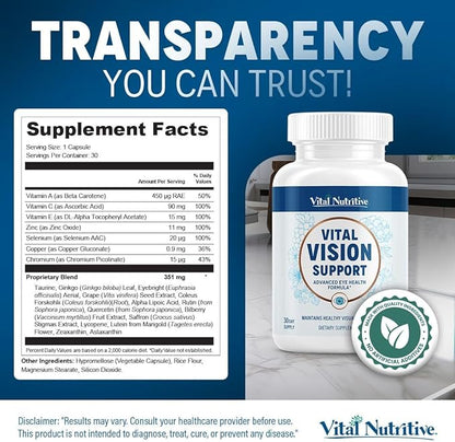 Vital Vision Support – Eye Health Supplement with Vitamin A, Lutein, Beta Carotene & Antioxidants – Eye Vitamins Support Hydration & Protection Against UV & Oxidative Stress -30 Days Serving