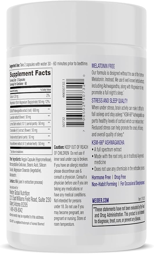 Weider Melatonin Free Sleep Aid Supplement with KSM-66 Ashwagandha, Magnesium, Lavender, Lemon Balm, Chamomile, Valerian and Passionflower Extracts, Hormone & Drug- Free, Non-Habit Forming, 120ct