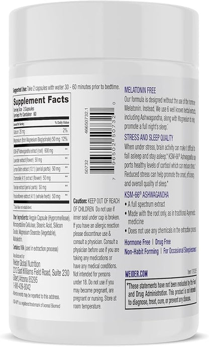 Weider Melatonin Free Sleep Aid Supplement with KSM-66 Ashwagandha, Magnesium, Lavender, Lemon Balm, Chamomile, Valerian and Passionflower Extracts, Hormone & Drug- Free, Non-Habit Forming, 120ct
