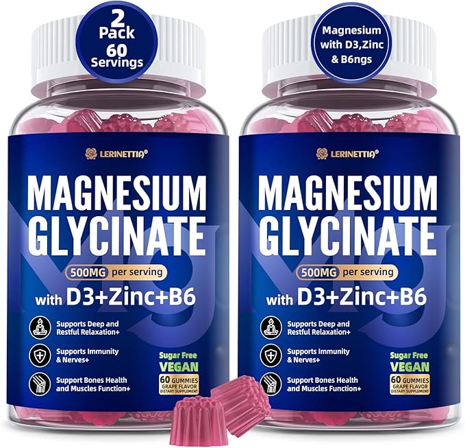 Magnesium Glycinate 500 mg for Adults - Plus D3,B6 & Zinc - Magnesium Glycinate Gummies,High Absorption - Support for Relaxation,Brain,Bone & Immunity Health - Sugar Free - 120Cts