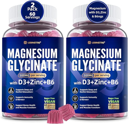 Magnesium Glycinate 500 mg for Adults - Plus D3,B6 & Zinc - Magnesium Glycinate Gummies,High Absorption - Support for Relaxation,Brain,Bone & Immunity Health - Sugar Free - 120Cts