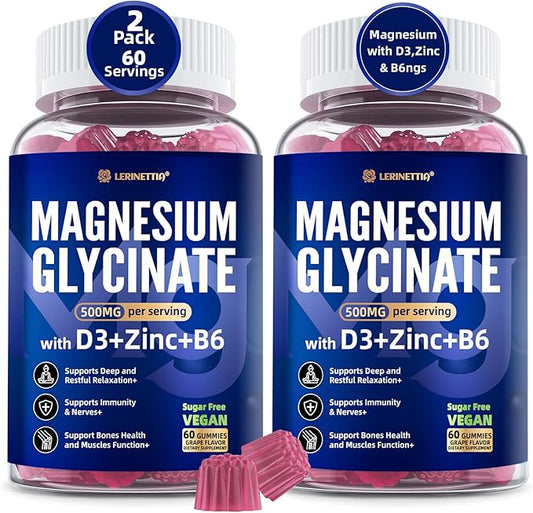 Magnesium Glycinate 500 mg for Adults - Plus D3,B6 & Zinc - Magnesium Glycinate Gummies,High Absorption - Support for Relaxation,Brain,Bone & Immunity Health - Sugar Free - 120Cts