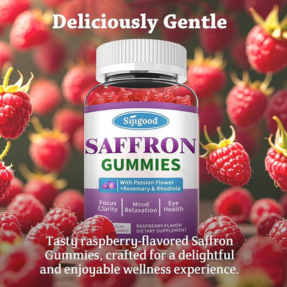 Saffron Gummies - Sugar Free Saffron Supplement for Men Women Mood Support Supplement with Saffron Extract, Passion Flower, Magnesium & Vitamins for Relaxation, Focus, Raspberry Flavor, 60 Count