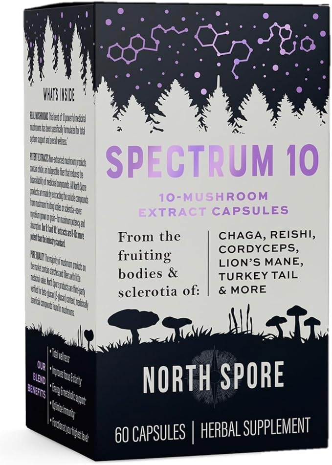 North Spore Organic 'Spectrum 10' High Potency Mushroom Capsules | Cognitive Supplement | Lion's Mane, Chaga, Cordyceps, Reishi, Turkey Tail | 10 Medicinal Mushrooms | Energy, Focus, Clarity - 60ct