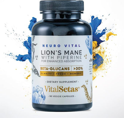 Neuro Vital Lion's Mane & Piperine Brain Supplement - Amplify Focus, Boost Memory, and Enhance Mental Clarity – Lab Tested & Allergen Free - 90 Premium Veggie Capsules for Immune Support