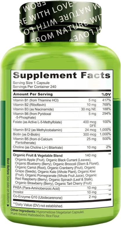 NATURELO Vitamin B Complex with Methyl B12, Methyl Folate, Vitamin B6, Biotin Plus Choline, CoQ10, and Fruit & Vegetable Blend - Supports Energy & Healthy Stress Response - Vegan - 240 Capsules