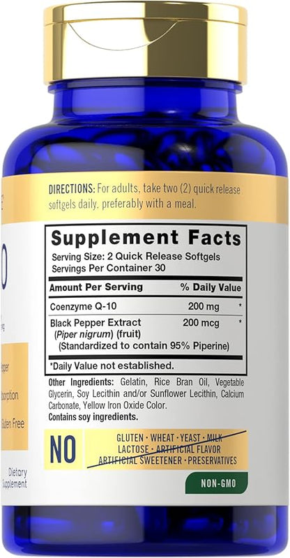 Carlyle CoQ10 200mg Softgels | 60 Count | with Black Pepper | Enhanced Absorption | Non-GMO, Gluten Free Supplement
