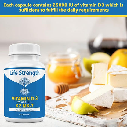 Vitamin K2 (MK7) + D3 25,000IU Supplement - Extra Strength, Non GMO, Easy to Swallow, No Fillers - Supports Immune & Bone Health