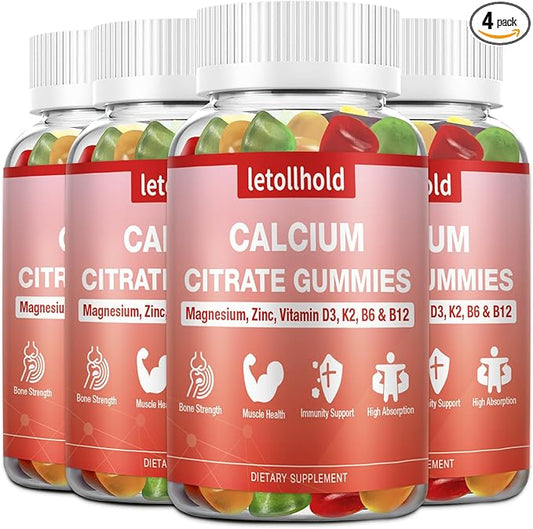 4 Packs Calcium Citrate Gummies for Kids & Adults, Sugar Free, Calcium Supplements with Vitamin D3, K2, Magnesium,Support Bone & Muscle