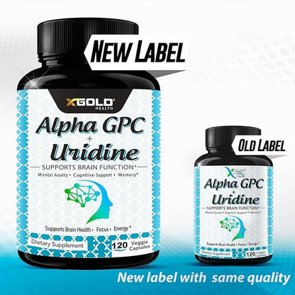 Alpha GPC Choline 600mg + Uridine Monophosphate 300mg-2-in-1 Nootropic Supplement Helps Boost Focus, Energy & Cognitive Performance -Potent Mood Enhancer & Brain Focus Supplements -120 Veggie Capsules