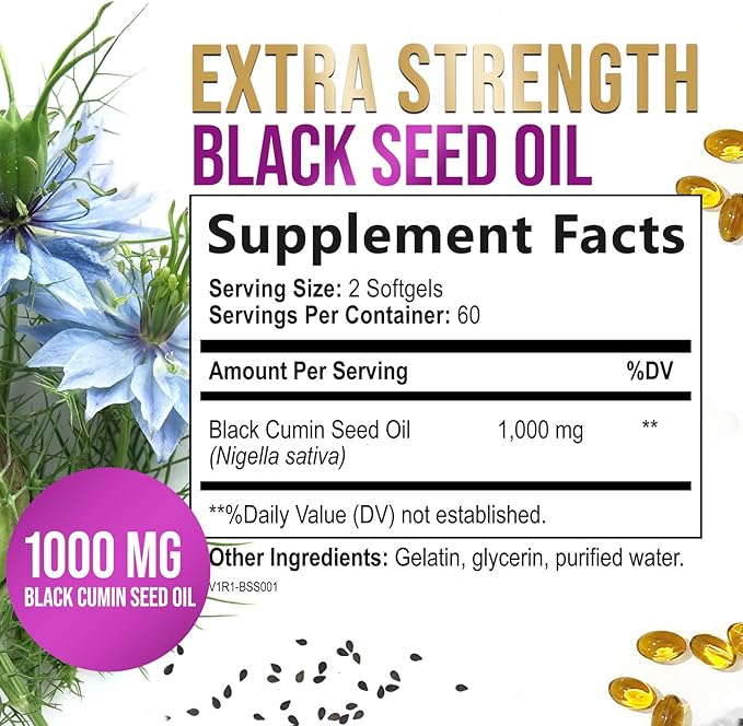 Black Seed Oil 1000mg - Premium Extra Strength Nigella Sativa Blackseed Oil - Black Cumin Seed Oil Skin, Digestive Health & Immune Support - Non-GMO Antioxidant, Gluten Free Supplement - 120 Softgels
