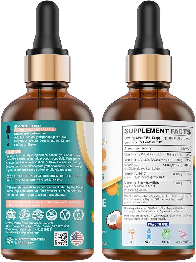 Vitamin D3 5000 IU Liquid Drops - Liposomal Vitamin D3+K2(MK-7) 200 mcg, Vitamin A, E, Coconut Oil, Vegan K2 D3 Vitamin Supplement, Highly Absorbent Supports for Bone, Muscle,Antioxidant,Immune 2 Pack