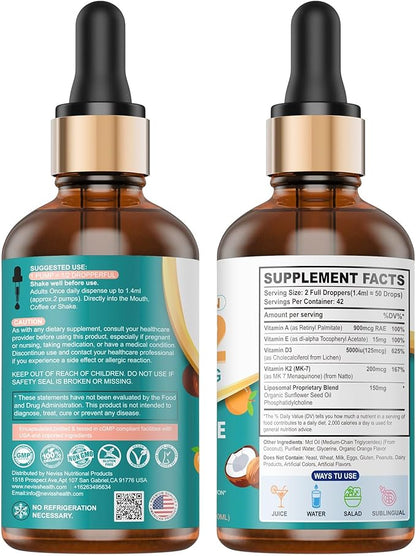 Vitamin D3 5000 IU Liquid Drops - Liposomal Vitamin D3+K2(MK-7) 200 mcg, Vitamin A, E, Coconut Oil, Vegan K2 D3 Vitamin Supplement, Highly Absorbent Supports for Bone, Muscle,Antioxidant,Immune 2 Pack
