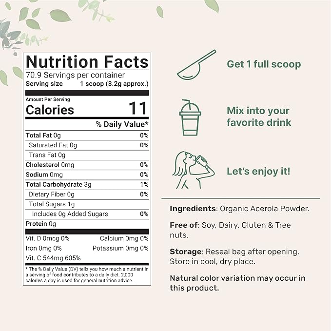 2 Pack of Pure USDA Organic Acerola Cherry Powder, Natural and Organic Vitamin C for Immune System, 8 Ounce, No GMO, No Gluten, Brazil Origin