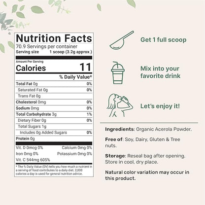 2 Pack of Pure USDA Organic Acerola Cherry Powder, Natural and Organic Vitamin C for Immune System, 8 Ounce, No GMO, No Gluten, Brazil Origin