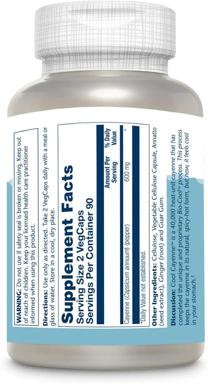SOLARAY Cool Cayenne Pepper 40,000 HU, Cayenne Pepper Capsules, Digestion Aid, Bio-Cool Process, Lab Verified, 60-Day Money-Back Guarantee, 90 Servings, 180 VegCaps