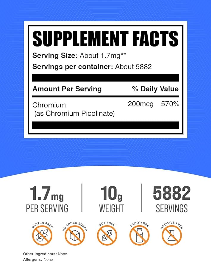 BulkSupplements.com Chromium Picolinate 200mcg Powder - Mineral Supplements - Gluten & Yeast Free, 200mcg of Chromium per Serving, 10g (0.35 oz) (Pack of 1)