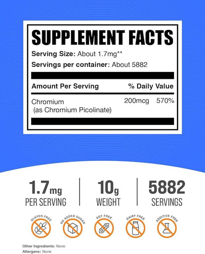 BulkSupplements.com Chromium Picolinate 200mcg Powder - Mineral Supplements - Gluten & Yeast Free, 200mcg of Chromium per Serving, 10g (0.35 oz) (Pack of 1)