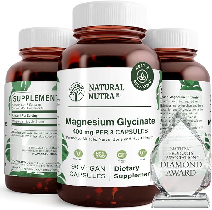 Natural Nutra Magnesium Glycinate 400 mg Supplement, Promotes Cardiovascular Health, Pure, Highly Bioavailable for Sleep, Vegan, Helps Improves Bone Health & Joint Flexibility, Soy Free, 90 Capsules
