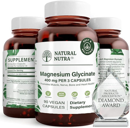 Natural Nutra Magnesium Glycinate 400 mg Supplement, Promotes Cardiovascular Health, Pure, Highly Bioavailable for Sleep, Vegan, Helps Improves Bone Health & Joint Flexibility, Soy Free, 90 Capsules