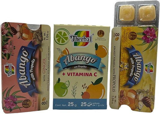 Abango Propóleo y Equinácea Té Vitamina C(Abango with Propolis Echinacea Tea w/Vitamin C) Natural 25 Tea Bags + 2 Cough Drop Trays (8 Individually Wrapped Drops Each) Herbal Dietary Supplement