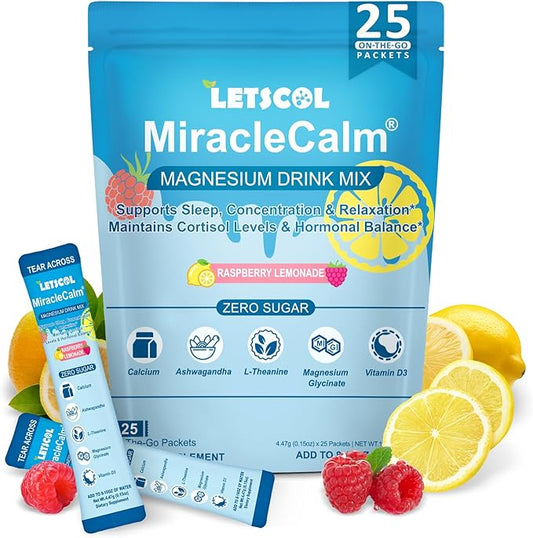 MiracleCalm Drink Mix Powder, Calm Magnesium Calcium Supplement, Cortisol Drink Powdered for Sleep, Relaxed & Focus with Easily Absorbed L-Theanine, Vitamin D3, Ashwagandha, Sugar Free
