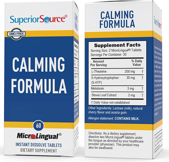 Superior Source Calming Formula, L-Theanine, Melatonin, Under The Tongue Quick Dissolve MicroLingual Tablets, 60 Ct, 5-HTP for Enhanced Serotonin Conversion, Positive Mood and Sleep Support, Non-GMO