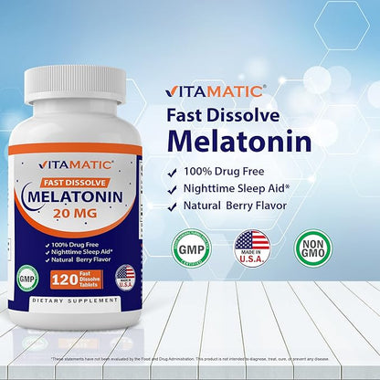 Vitamatic Melatonin 20 mg Tablets | Vegetarian, Non-GMO, Gluten Free | HIGH Potency 20 MG | Natural Berry Flavor (1/2 Tablets = Melatonin 10 mg) (120 Count (12 Pack Wholesale Buy))