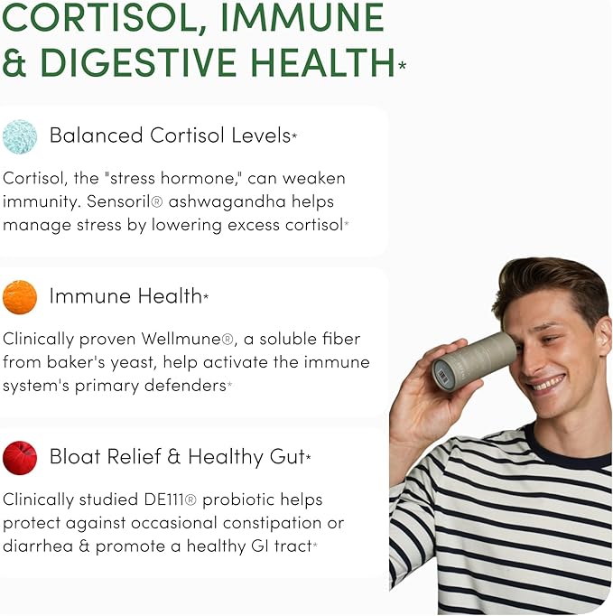 Defend Immune Support Supplement – Gut & Cortisol Balance – Spore Probiotic & Beta Glucan – DE111® Probiotic, Wellmune®, Ashwagandha & Antioxidants – Bloating, Digestion & Stress Relief – 60 Capsules