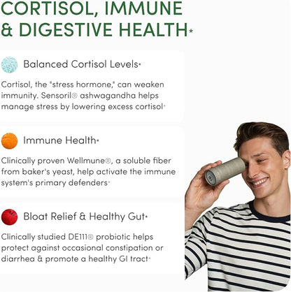 Defend Immune Support Supplement – Gut & Cortisol Balance – Spore Probiotic & Beta Glucan – DE111® Probiotic, Wellmune®, Ashwagandha & Antioxidants – Bloating, Digestion & Stress Relief – 60 Capsules