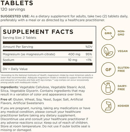 Solgar Magnesium Citrate, 120 Tablets - Promotes Healthy Bones - Supports Nerve & Muscle Function - Non GMO, Vegan, Gluten Free, Dairy Free, Kosher - 60 Servings, Standard Packaging