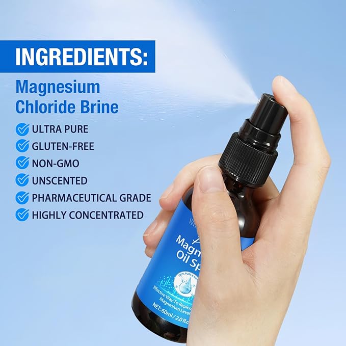 Magnesium Spray, Pure Magnesium Oil Spray for Feet, Organic Natural Ingredient in Glass Bottle, Easy to Absorb and Use