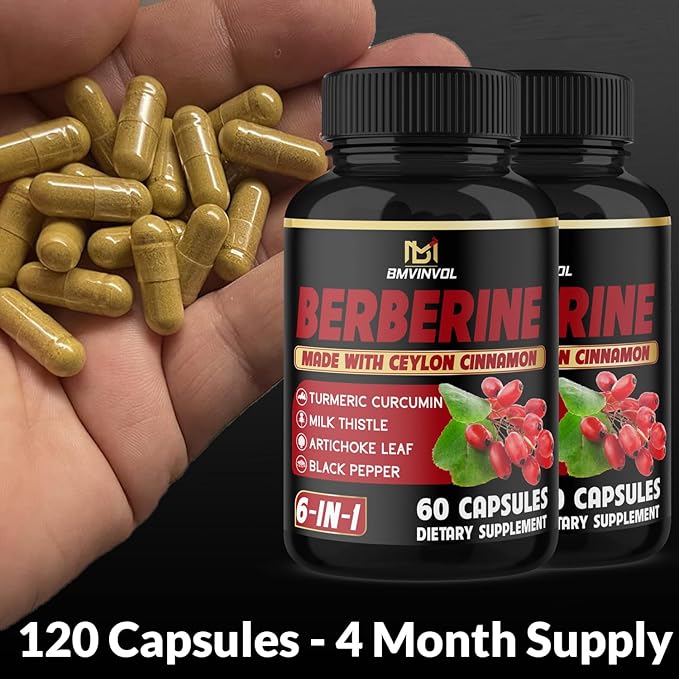 (2 Packs) Berberine Supplement Plus Ceylon Cinnamon, Turmeric, Artichoke, Milk Thistle, Black Pepper - 120 Capsules - 4 Months Supply