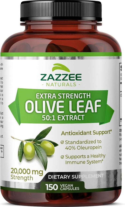 Zazzee Extra Strength Olive Leaf 50:1 Extract, 20,000 mg Strength, 40% Oleuropein, 150 Vegan Capsules, 5 Month Supply, Concentrated and Standardized 50X Extract, 100% Vegetarian, Non-GMO, All-Natural