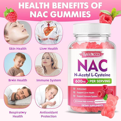 2 Pack NAC Gummies, N Acetyl Cysteine 600mg NAC Supplement for Antioxidants & Immune Support, Lung & Liver Health, Sugar-Free, Raspberry Flavor, 120 Count