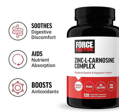 FORCE FACTOR Zinc L-Carnosine Capsules to Support Gastric and Digestive Health, Digestion and Bloating Supplement, Vegan, Non-GMO, No Gelatin, 120 Capsules