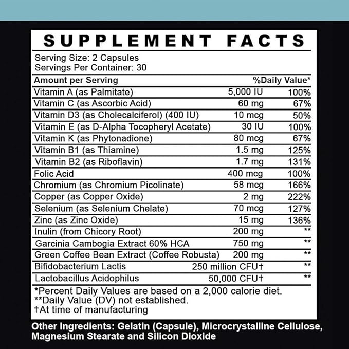 Angry Supplements Garcinia Cambogia with Probiotics, Gut Health Multivitamin w. Vitamins A, C, D, E, K, B2, Zinc, Selenium, Copper, Chromium + Herbal Blend Capsules (1-Bottle, 60ct)