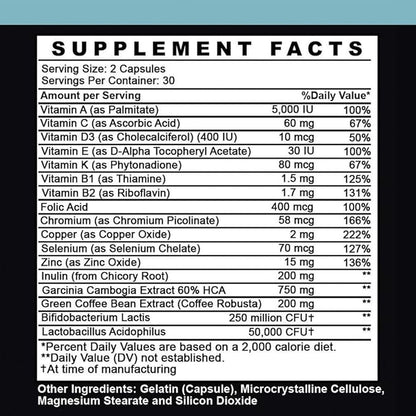 Angry Supplements Garcinia Cambogia with Probiotics, Gut Health Multivitamin w. Vitamins A, C, D, E, K, B2, Zinc, Selenium, Copper, Chromium + Herbal Blend Capsules (1-Bottle, 60ct)