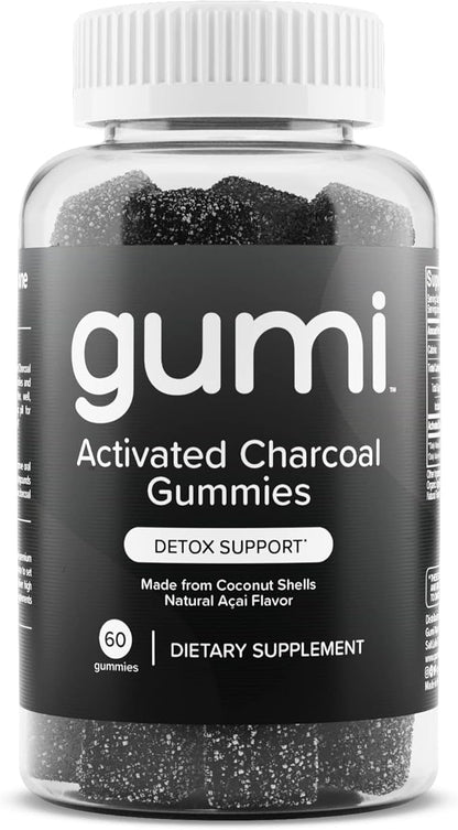 gumi Nutrition Coconut Activated Charcoal Gummies - Charcoal Supplements for Detox, Oral Health & Gut Health - 200mg Gummy Vitamin - Gluten Free, Vegan & Non GMO - Natural Açaí Flavor (60 Count)