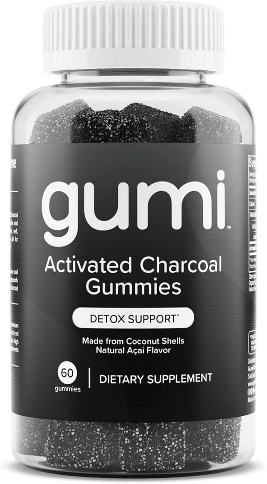 gumi Nutrition Coconut Activated Charcoal Gummies - Charcoal Supplements for Detox, Oral Health & Gut Health - 200mg Gummy Vitamin - Gluten Free, Vegan & Non GMO - Natural Açaí Flavor (60 Count)